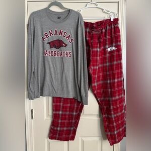 NWOT Arkansas Razorbacks Pajama Set - Gray Long Sleeve Tee and Red Flannel Pants